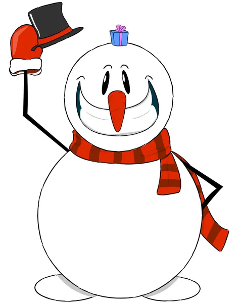 De belachelijke sneeuwpop met een geschenk — Stockvector
