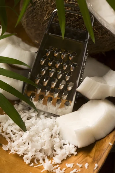 stock image Grated coconut with grater and nut