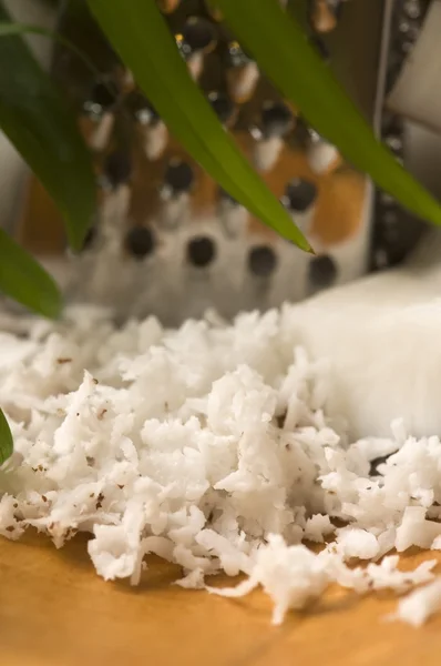Geraspte kokosnoot met rasp en moer — Stockfoto