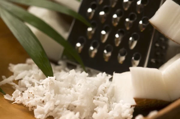 Grated coconut with grater and nut — Stock Photo, Image