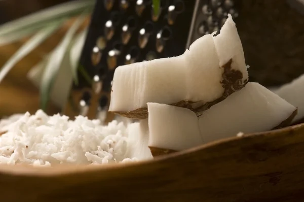 Grated coconut with grater and nut — Stock Photo, Image