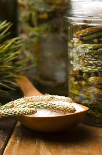 Natuurlijke geneeskunde - siroop gemaakt van pine spruiten — Stockfoto