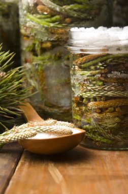 Natural medicine - syrup made of pine sprouts clipart