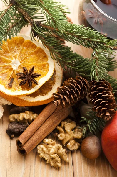 さまざまな種類のスパイス、ナッツ類、乾燥されたオレンジ - クリスマスの装飾 — ストック写真
