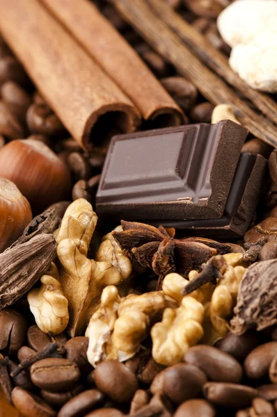 Szemes kávé, a fűszerek és a dió, csokoládé — Stock Fotó