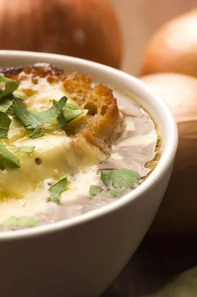 Sopa de cebolla francesa con ingredientes —  Fotos de Stock