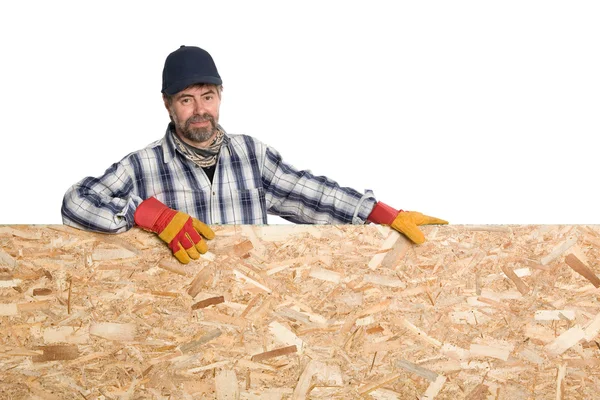 Smiling carpenter and plywood — Stock Photo, Image