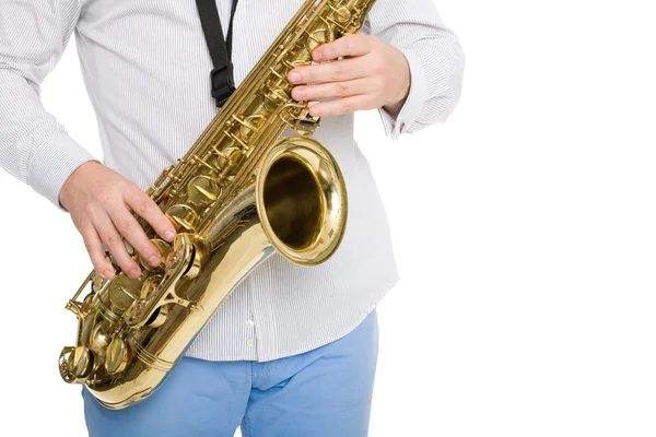 Hands musician playing the saxophone — Stock Photo, Image