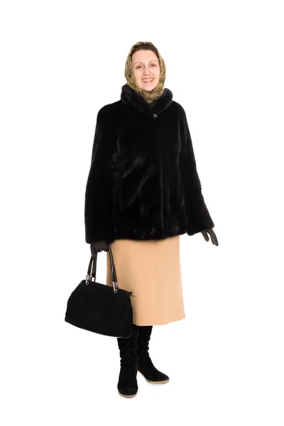 Happy woman in fur coat of mink. — Stock Photo, Image