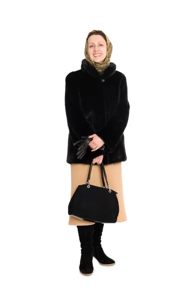 ミンクの毛皮のコートの女性の笑みを浮かべてください。. — ストック写真