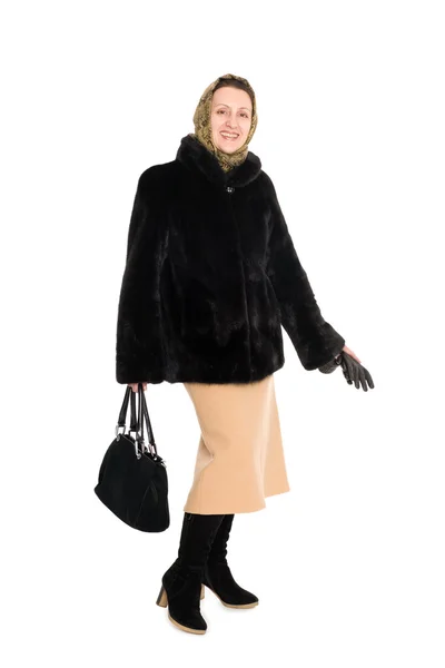 Cheerful woman in fur coat of mink. — Stock Photo, Image