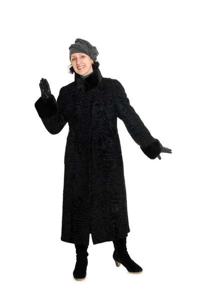 微笑从 broadtail 的毛皮大衣的女人 — 图库照片