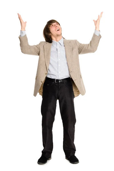 Happy business man with arms raised — Stock Photo, Image