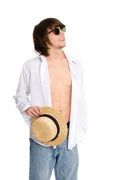 Hombre sosteniendo un sombrero de paja — Foto de Stock