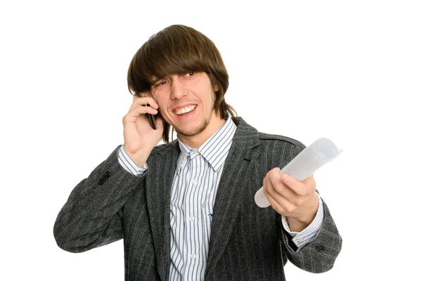 Biznesmen rozmowy na telefon komórkowy emocjonalnie — Zdjęcie stockowe