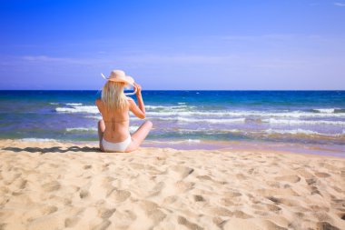 Young woman sits on the beach clipart