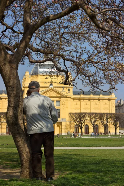 Starszy mężczyzna przed pawilon sztuki — Zdjęcie stockowe