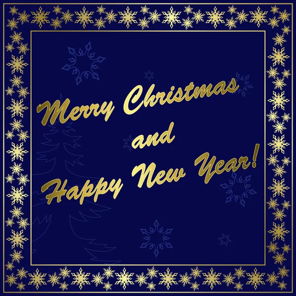 Biglietto natalizio vettoriale blu scuro con decoro in oro e cornice — Vettoriale Stock
