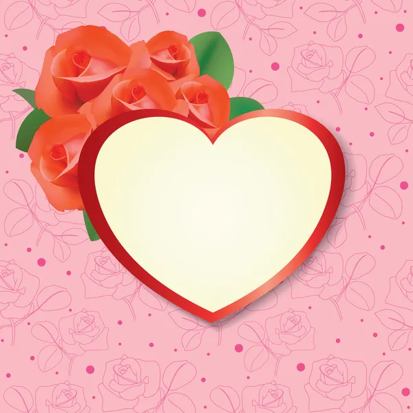 Corazón con rosas sobre fondo rosa - tarjeta vectorial — Vector de stock