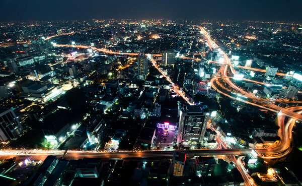 Night a big modern city with highways, top view