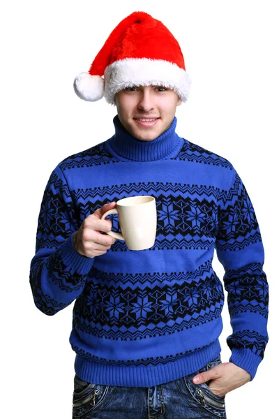 컵 산타의 모자에 있는 남자 — 스톡 사진