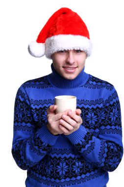 Man in Santa's hat with cup clipart