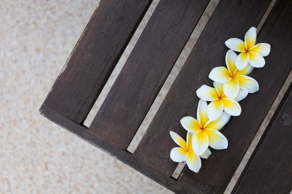 Tropikalne kwiaty na ławce — Zdjęcie stockowe