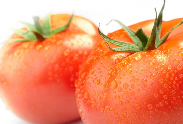 Wirydarz-do góry fotografia dwóch pomidorów z kropli wody — Zdjęcie stockowe
