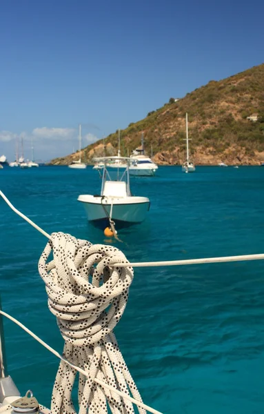 Nautical rope hanging on the sailboat — Stock Photo, Image
