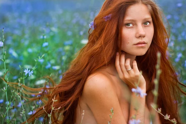 Kızıl saçlı kız portre çiçekler ile sahada