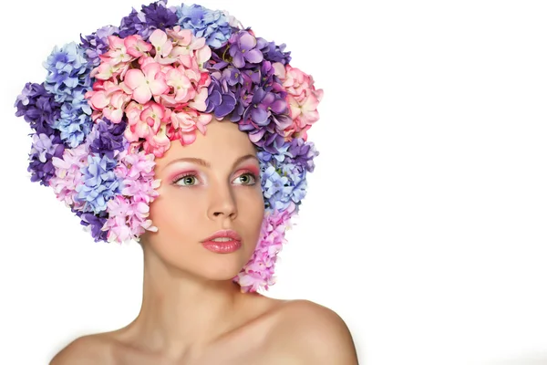 Beautiful Fashion Girl with blue flowers — Stock Photo, Image