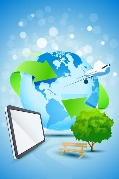 Abstract Background with Planet Earth Airplane and Tablet Comput — Stock Vector