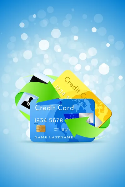 Fondo azul con tarjetas de crédito y flechas verdes — Archivo Imágenes Vectoriales
