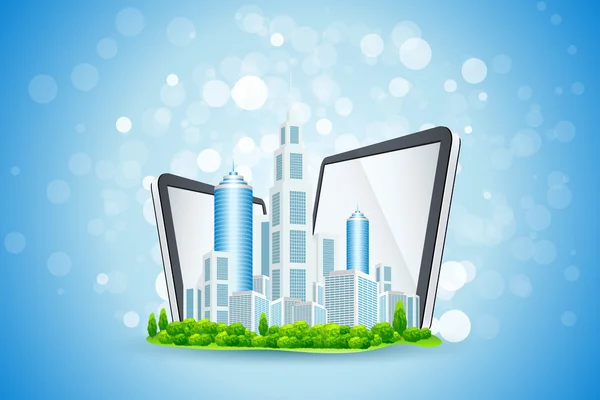 Blauer Hintergrund mit Geschäftsstadt und Tablet-Computern — Stockvektor