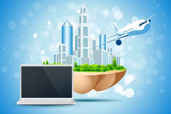 蓝色背景与商务城市笔记本电脑和飞机 — 图库矢量图片
