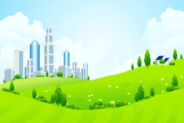 Paisaje verde con ciudad y nubes — Vector de stock