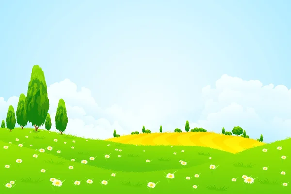 Paisaje verde con flores — Vector de stock