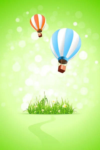 Arka planı yeşil çim ve sıcak hava balonları — Stok Vektör