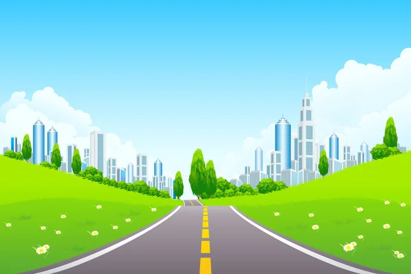 Paisaje urbano con árboles y carretera — Vector de stock
