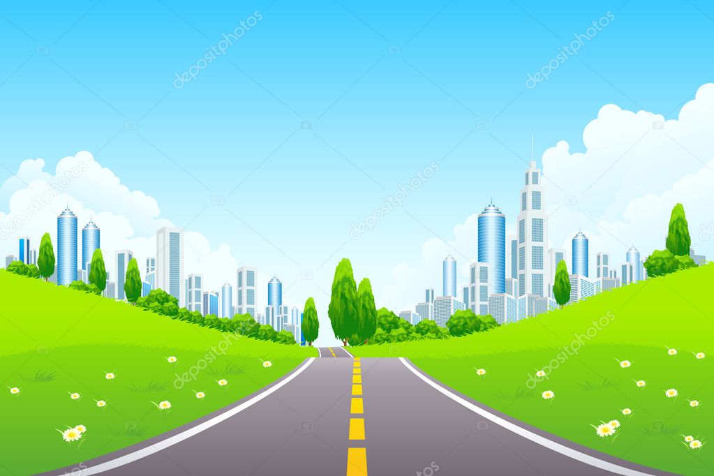 City Landscape with Trees and Road