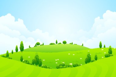 Green Background with Grass Trees Flowers and Hills clipart