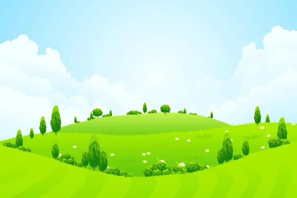 Grön bakgrund med gräs träd blommor och kullar — Stock vektor