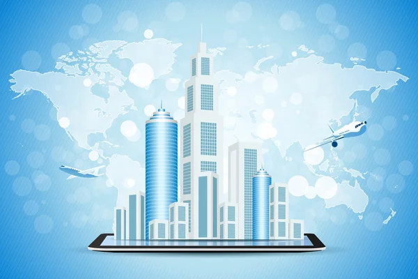 Μπλε φόντο με την πόλη των επιχειρήσεων στον υπολογιστή tablet — Διανυσματικό Αρχείο