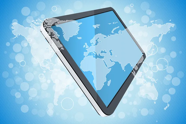 Fundo Azul com Mapa Mundial e Tablet Computer —  Vetores de Stock