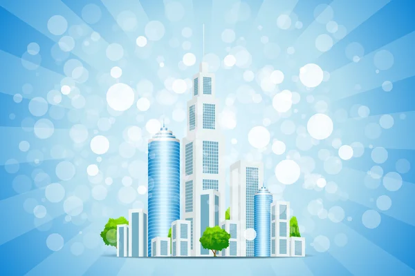 与商业城市和射线的蓝色背景 — 图库矢量图片