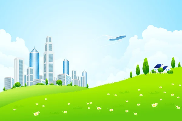 Green landscape with city — Stock Vector
