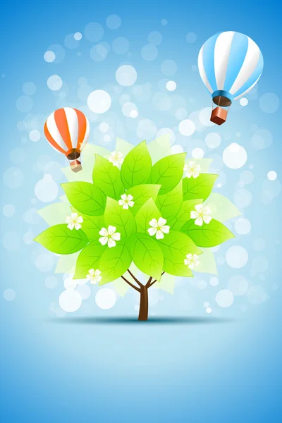 녹색 나무와 뜨거운 공기 풍선 블루 배경 — 스톡 벡터
