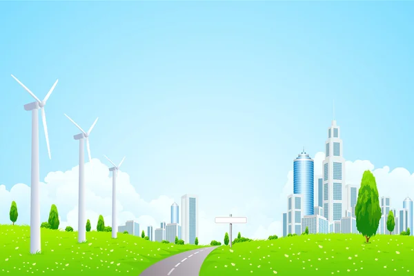 Grüne Landschaft mit Windkraftstraße und moderner Stadt — Stockvektor