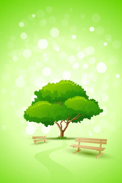 Streszczenie tło zielony drzewo z ławki — Wektor stockowy