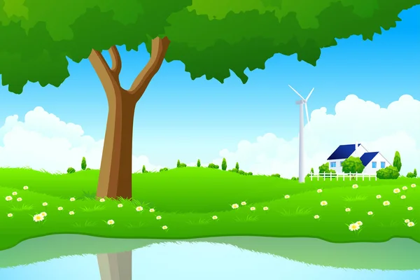 Ağaç rüzgar elektrik santrali ve house ile yeşil peyzaj — Stok Vektör